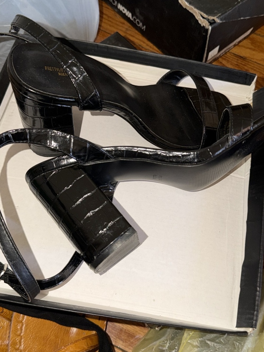 Frette Black Croc-Embossed Block Heel Sandals with Ankle Strap